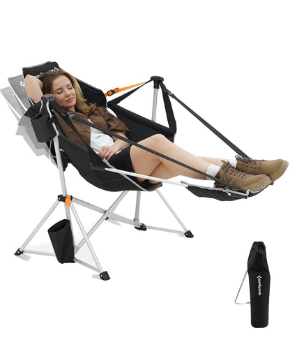 KingCamp Hammock Chair with Footrest, Swinging Portable Folding Camping Chairs for Adults MAX 400lbs Heavy Duty Foldable Oversized Rocker with Cup Holder Pillow for Outdoor Beach Patio Sport Lawn