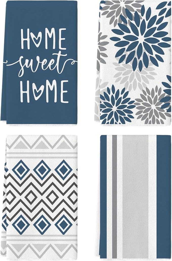 Artoid Mode Blue Grey Stripes Home Sweet Home Boho Winter Kitchen Towels Dish