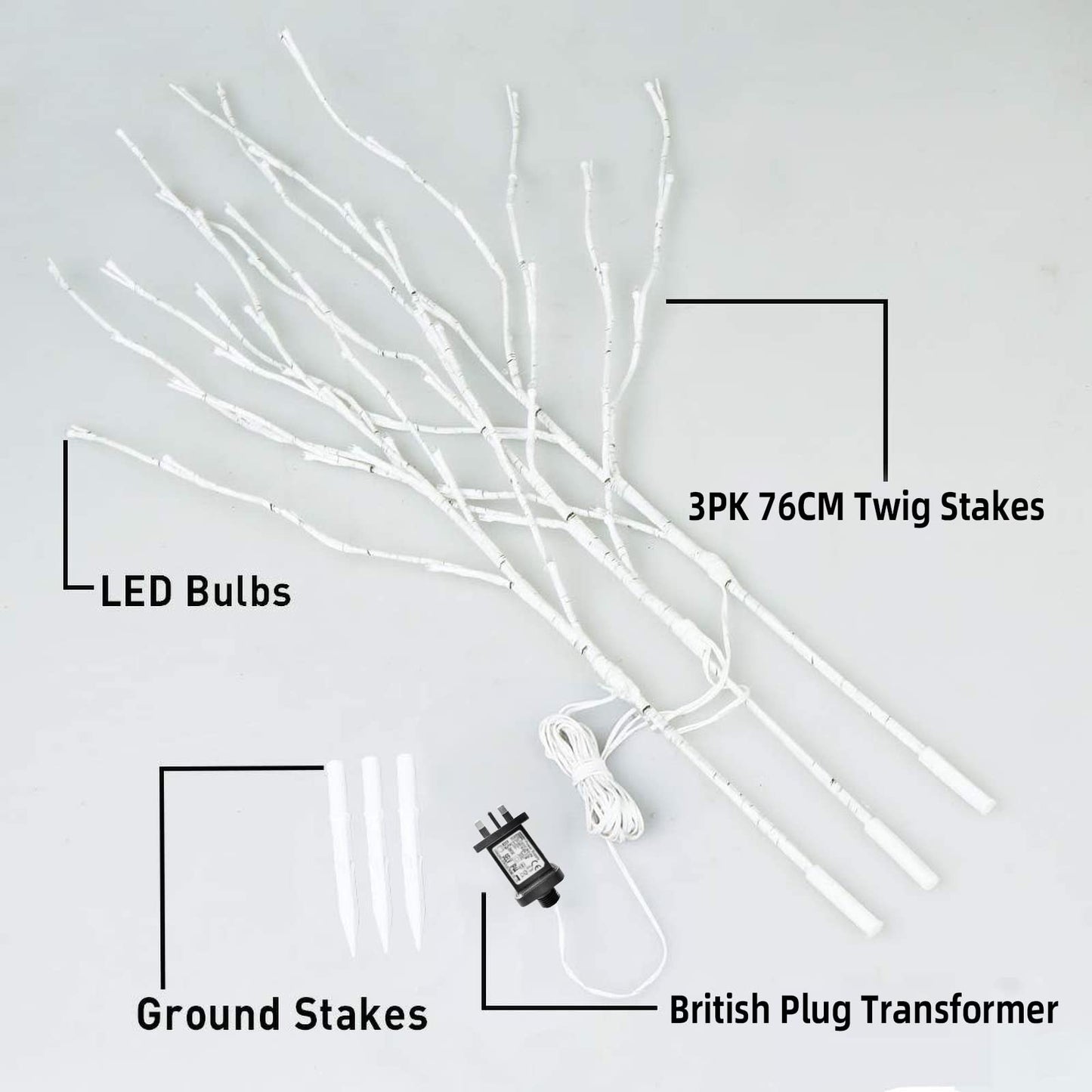 EAMBRITE Home Decorative Twig Lights Lighted White Birch Twig Branches Pathway Stakes with 60 LED White Lights Waterproof Plug in for Outdoor and Indoor Decor (3PK, 76cm)