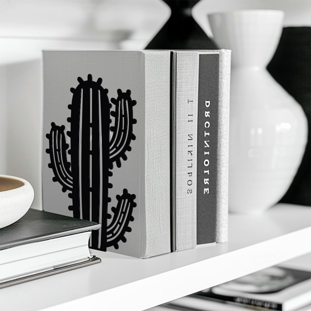 Peacoblue Metal Bookends for Shelves, Modern Decorative Heavy Duty Study Book Support Stoppers for Office, Desk, Shelf, Room 5.3"x4.3"x7.9" Cast Iron Simple Tall Bookends, 1 Pair (Cactus)