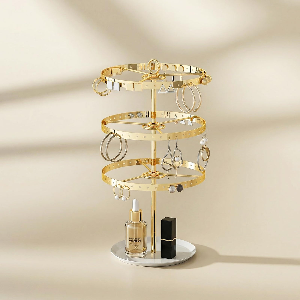 Gghenda 3-Tier Metal Earring Organizer Stand, 360° Rotation, 126 Holes, T-Shape Display Rack (Gold)