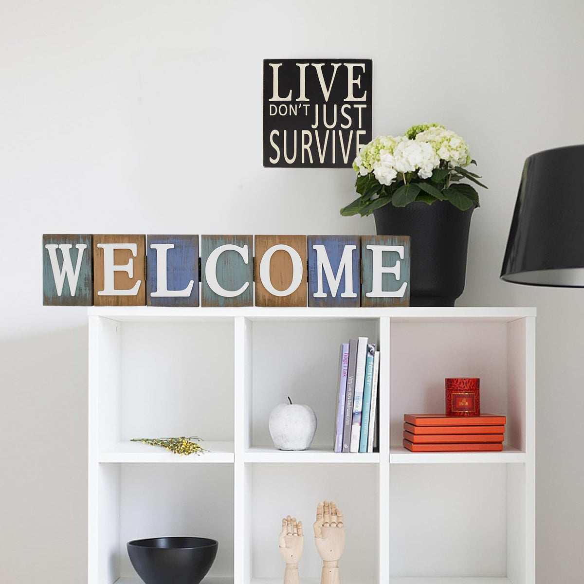 Rustic Wood Welcome Sign Cutout, Teal Wooden Tabletop Folding Decorative Word Sign, Freestanding Hinged Block Letters Home Decor