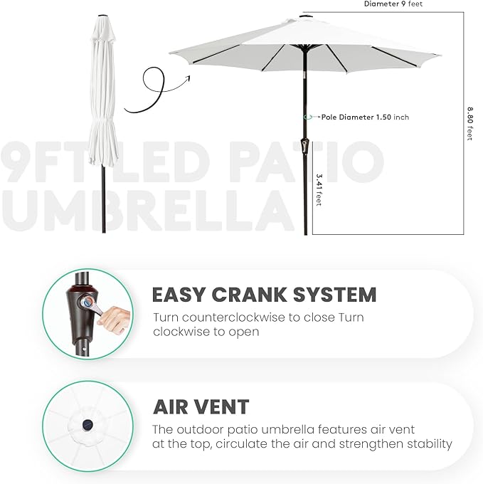 JEAREY 9FT Outdoor Patio Umbrella with Solar Lights, LED Lighted Pool Umbrella with Tilt and Crank, Outdoor Table Umbrellas for Deck, Yard & Market (Cream White)