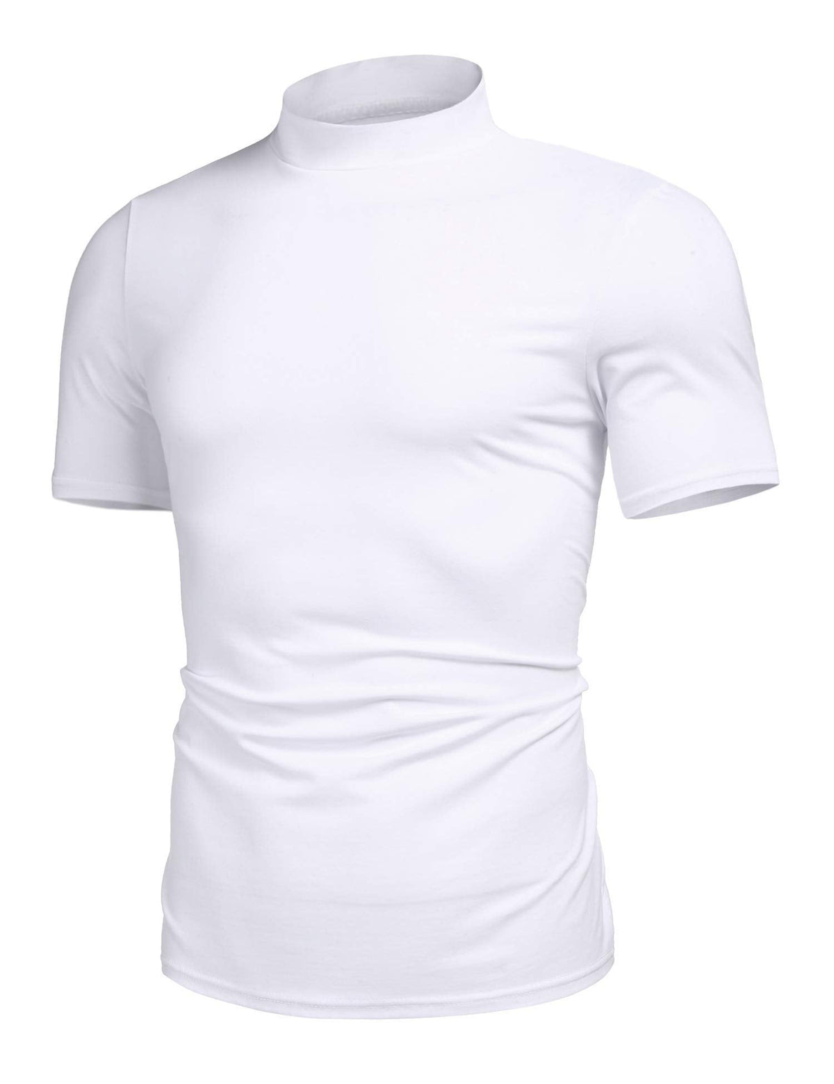 Men's Basic Turtleneck Pullover Tops Melange Colored Slim Fit Short Sleeve T Shirt White M