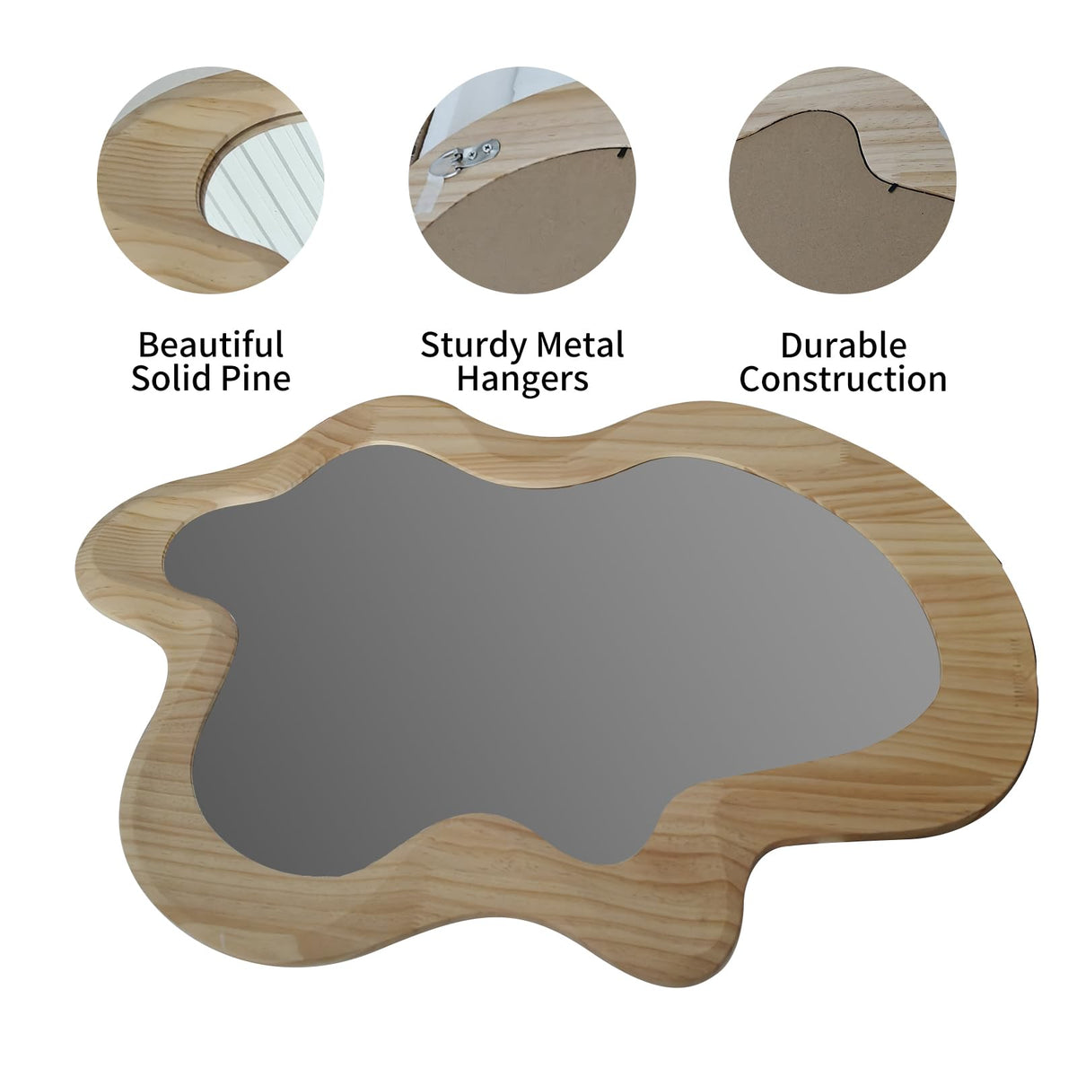 osemy 36" x 24" Irregular Wall Mirror, Wooden Framed Asymmetrical Wavy Wall Mirror for Living Room Bedroom Entryway Bathroom Modern Decorative, Hanging Hooks