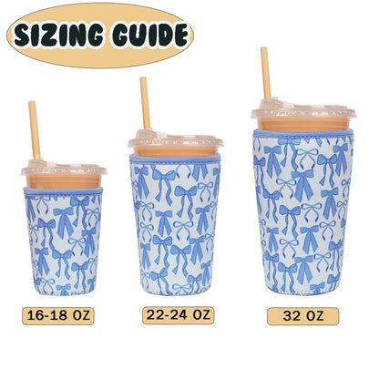 Reusable Insulated Neoprene Iced Coffee Cup Sleeve, Durable Drink Sleeve for Cold Beverages, Beverage Holder for Iced Coffee, Blue Bows