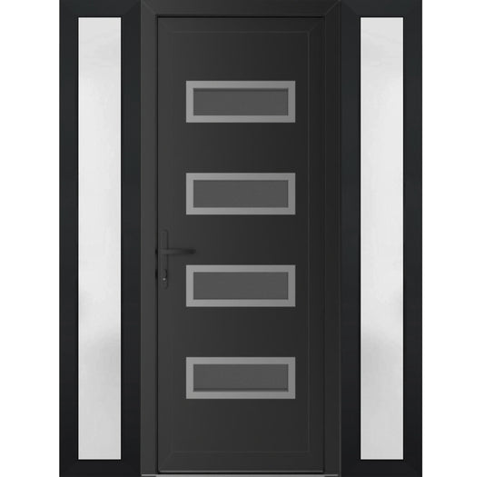 VDOMDOORS Front Exterior Prehung Metal-Plastic Door Frosted Glass | Manux 8113 Matte Black | 2 Side Sidelite Transoms | Residential Doors Entrance Patio Garage 64 x 80 (W14+36+14 x H80) Right-Inswing