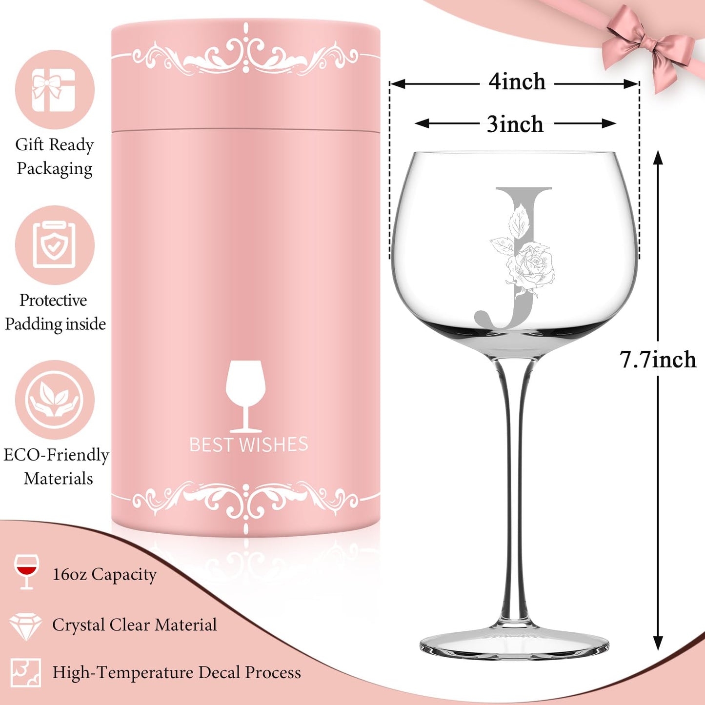 Valentines Day Gifts for Her, Initial A-Z Wine Glass Customized Gift For Women, Personalized Galentines Mothers Day Christmas Birthday Gifts for Women Her Mom Best Friend Sister Wife Sister (J)