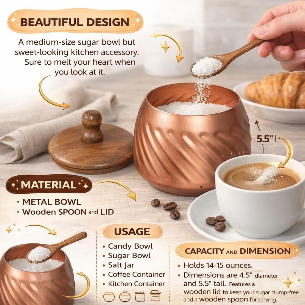 Frescorr - Sugar Bowl with Lid and Spoon, 14 oz Sugar Bowl with Spoon, Sugar Container for Coffee Bar, Sugar Jar, Modern Farmhouse Kitchen Decor