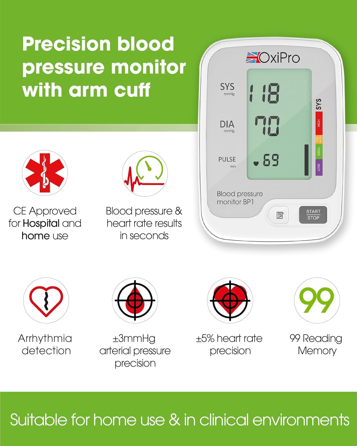 OxiPro BP1 Blood Pressure Monitors - CE Certified - MHRA Registered - UK Approved Blood Pressure Machine - BP Monitor for Home - Small to Large Cuff Blood Pressure Monitor - Certified Medical Device