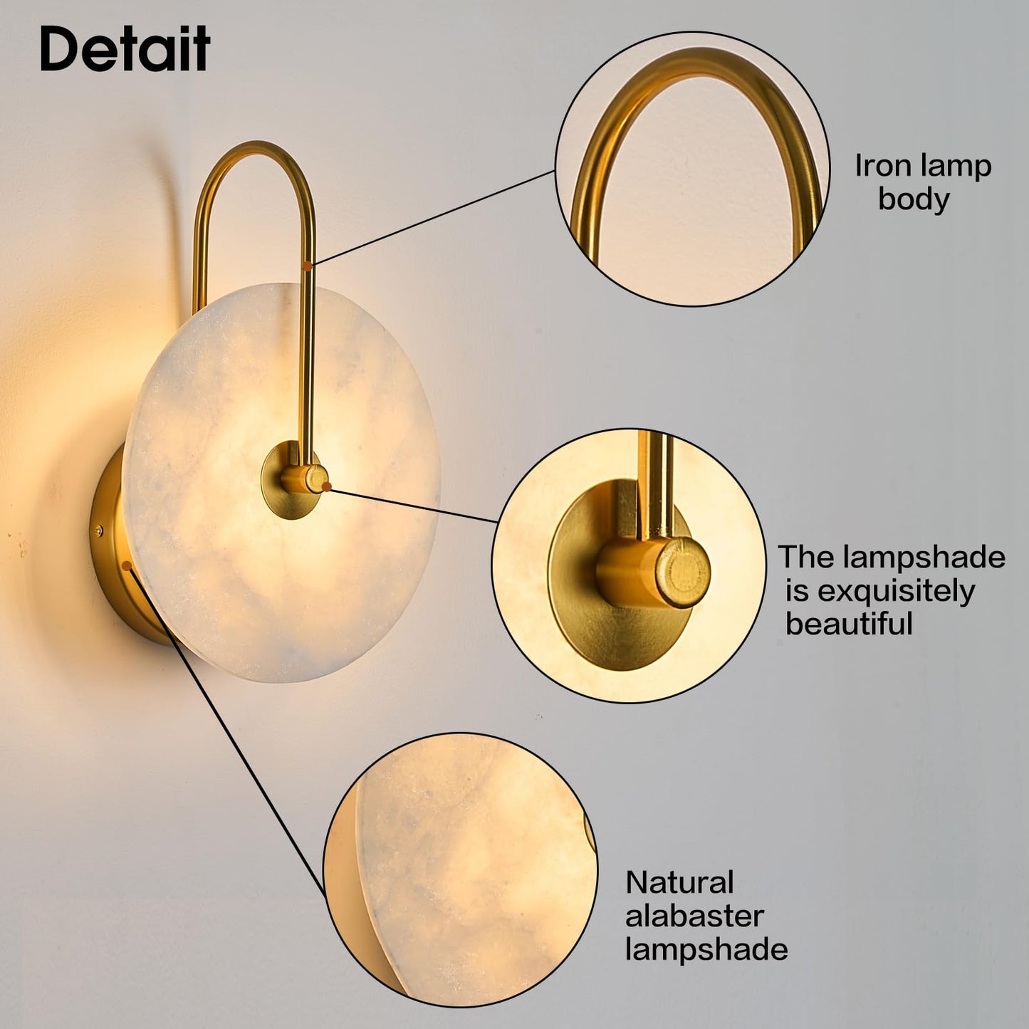 Fanyank Round Alabaster Wall Sconce Set of Two, Natural Marble Lampshade Wall Sconce, Hardwired Circular Sconce LED Modern Wall Lamp for Bedroom, Stairs, Living Room, Bedside, Hallway