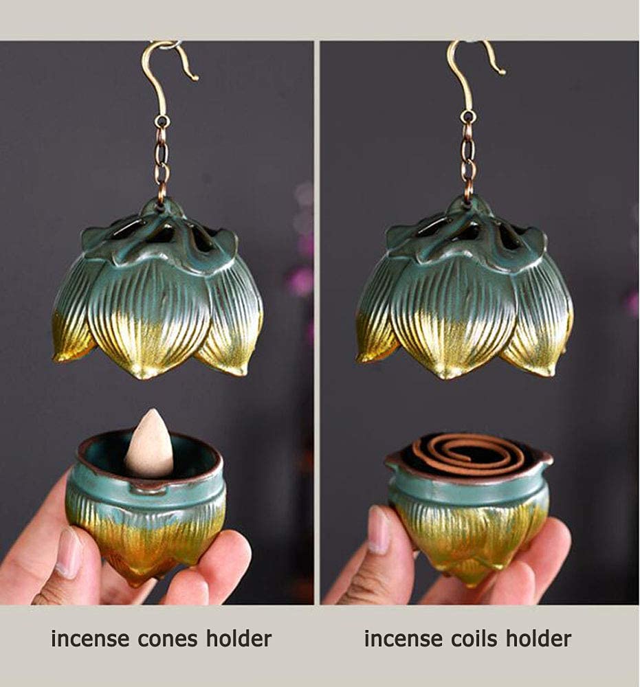Primst Lotus Furnace Hollow Hanging Ball Incense Burner, Ceramic Backflow Incense Cones and Incense Coil Holder for Home Office Ornament Decoration