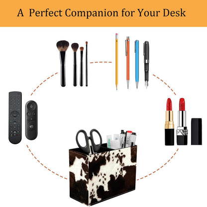 VSHSEEOM Pen Holder for Desk, PU Leather Multifunctional Desktop Storage Box and Anti-Slip Mouse Pad Set, Makeup Brush Holder Pen Organizer for Office and Home - Cow Hide Print