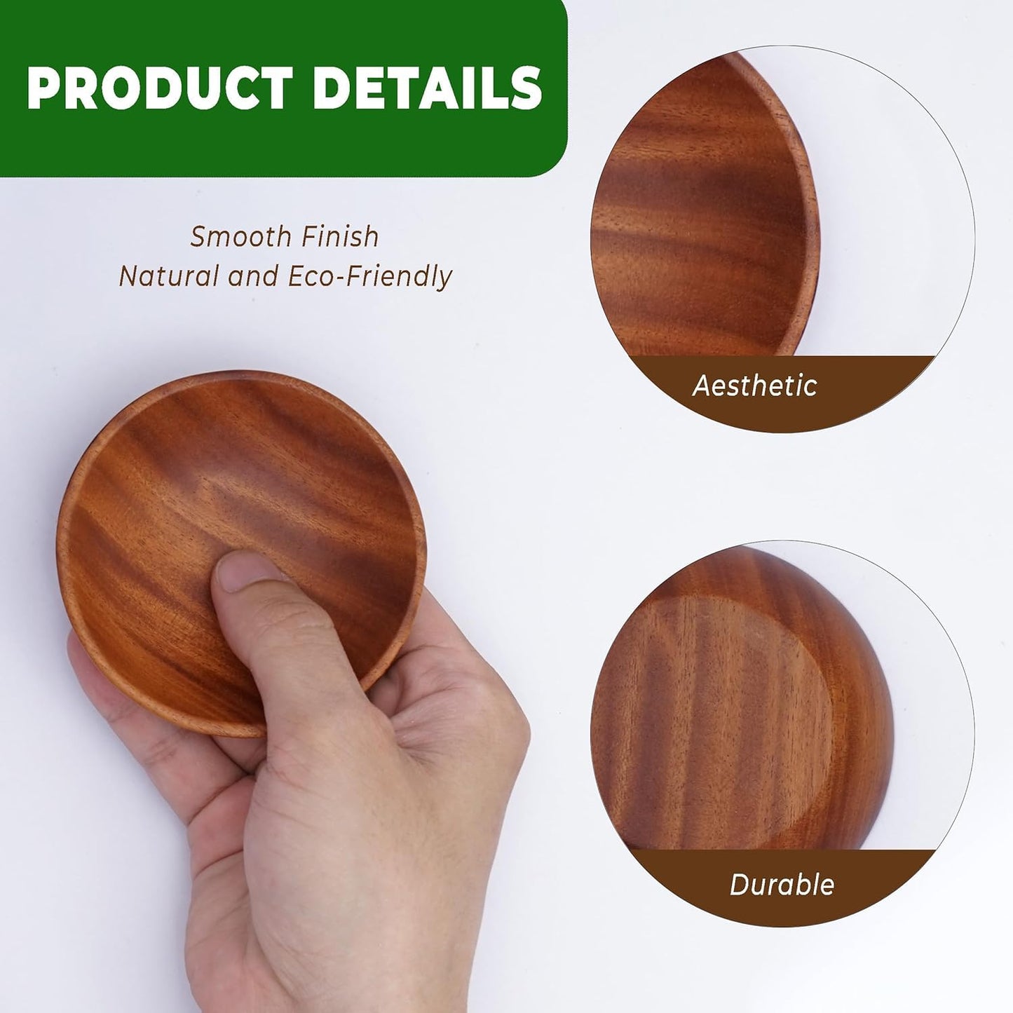 VieWood Mini Wooden Bowl Set of 4 (3.54" Diameter x 0.78" Height) for Condiments, Dip Sauce, Ketchup, Small Wood Bowl for Jam, little Prep, Olive (Round)