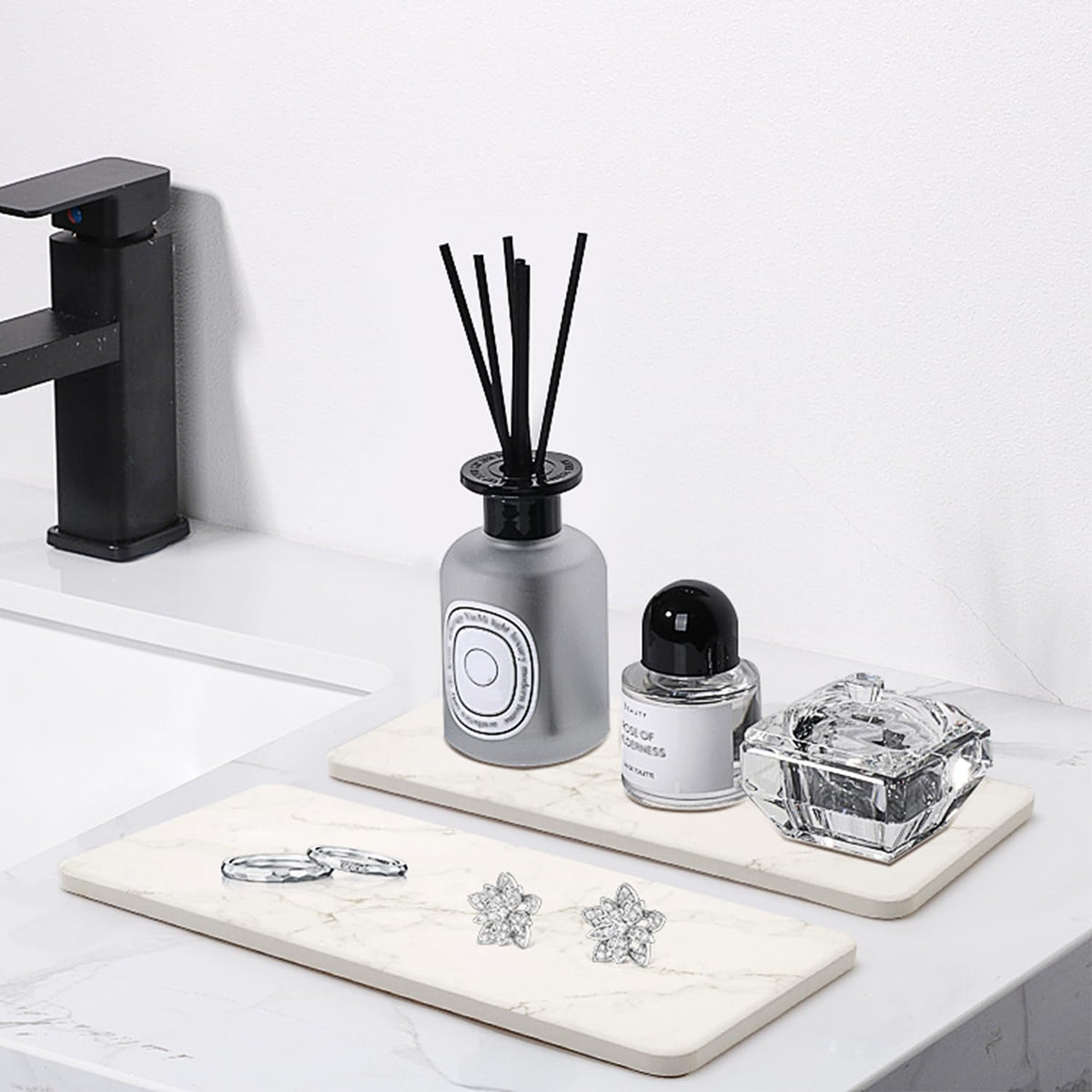 2 Pcs Water Absorbing Stone Drying Trays for Bathroom Sink Kitchen Counter Soap Dish Dispenser Sponge Holder White Ceramic Bathroom Vanity Quick Dry Stone Mat for Kitchen Sink Marble Diatomite Tray