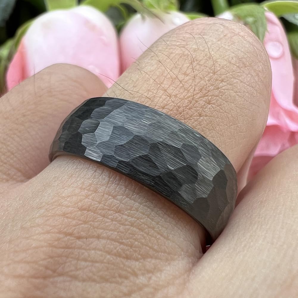 TUTISS 8mm Black Hammered Tungsten Carbide Rings for Men Women Engagement Wedding Bands Domed I Love You Engraved Comfort Fit Size 13