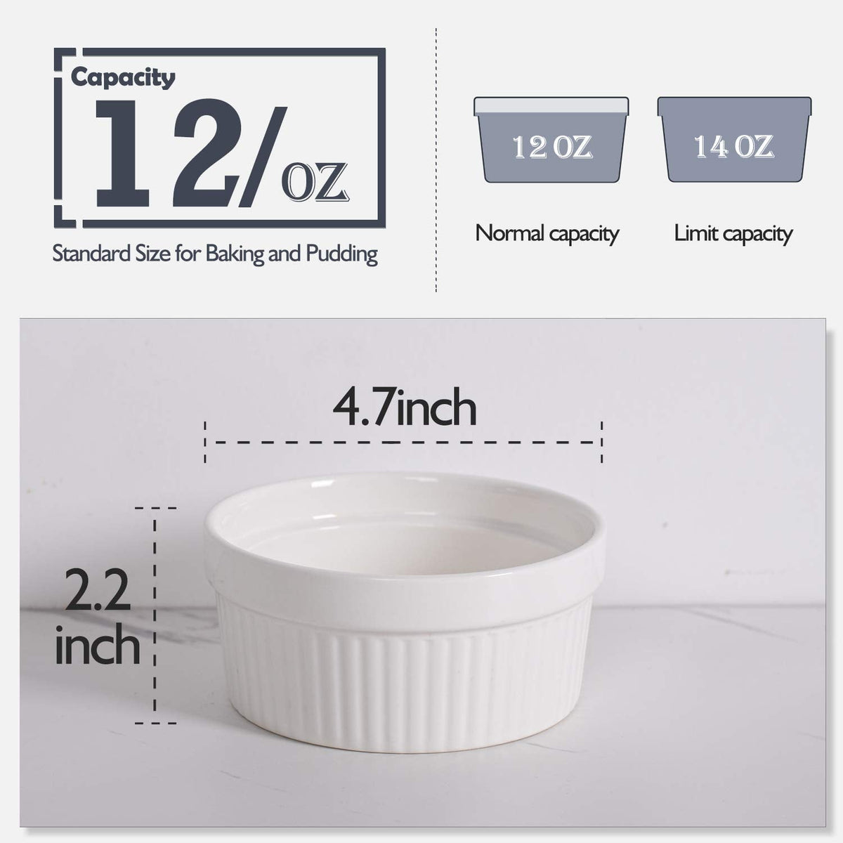DELLING Ramekins 12 Oz Oven Safe Set of 6, Porcelain Souffle Dish for Baking - Creme Brulee Bowls for French Onion Soup Lava Cake Pudding, Stackable, White