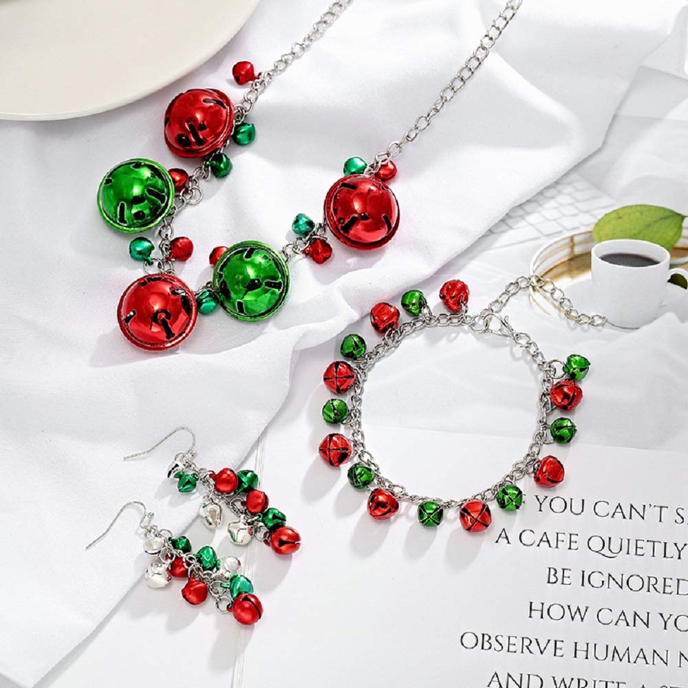 NewZenro Silver Red Green Christmas Jingle Bell Cute Ornament Long Chain Dangle Earrings Bracelets Necklaces for Women Hook Stocking Stuffers Hypoallergenic Party Jewelry Gifts for Daughter BFF Set