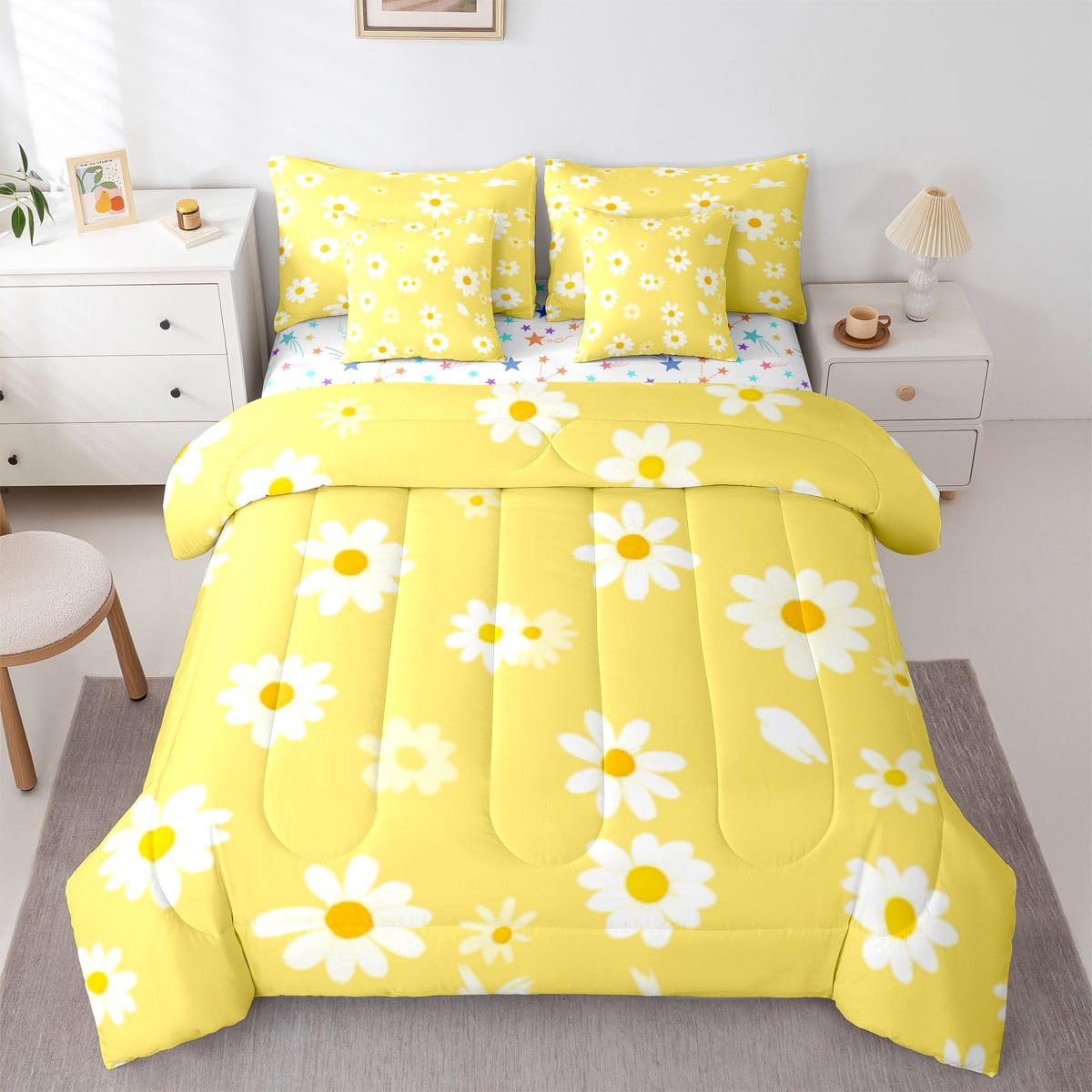Erosebridal Cute Daisy 7 Pcs Bedding Set Twin Size for Teen Girls White Yellow Comforter Set with Sheets for Kids Women Groovy Floral Bed in A Bag Trendy Coquette Flower Bed Sets All Season