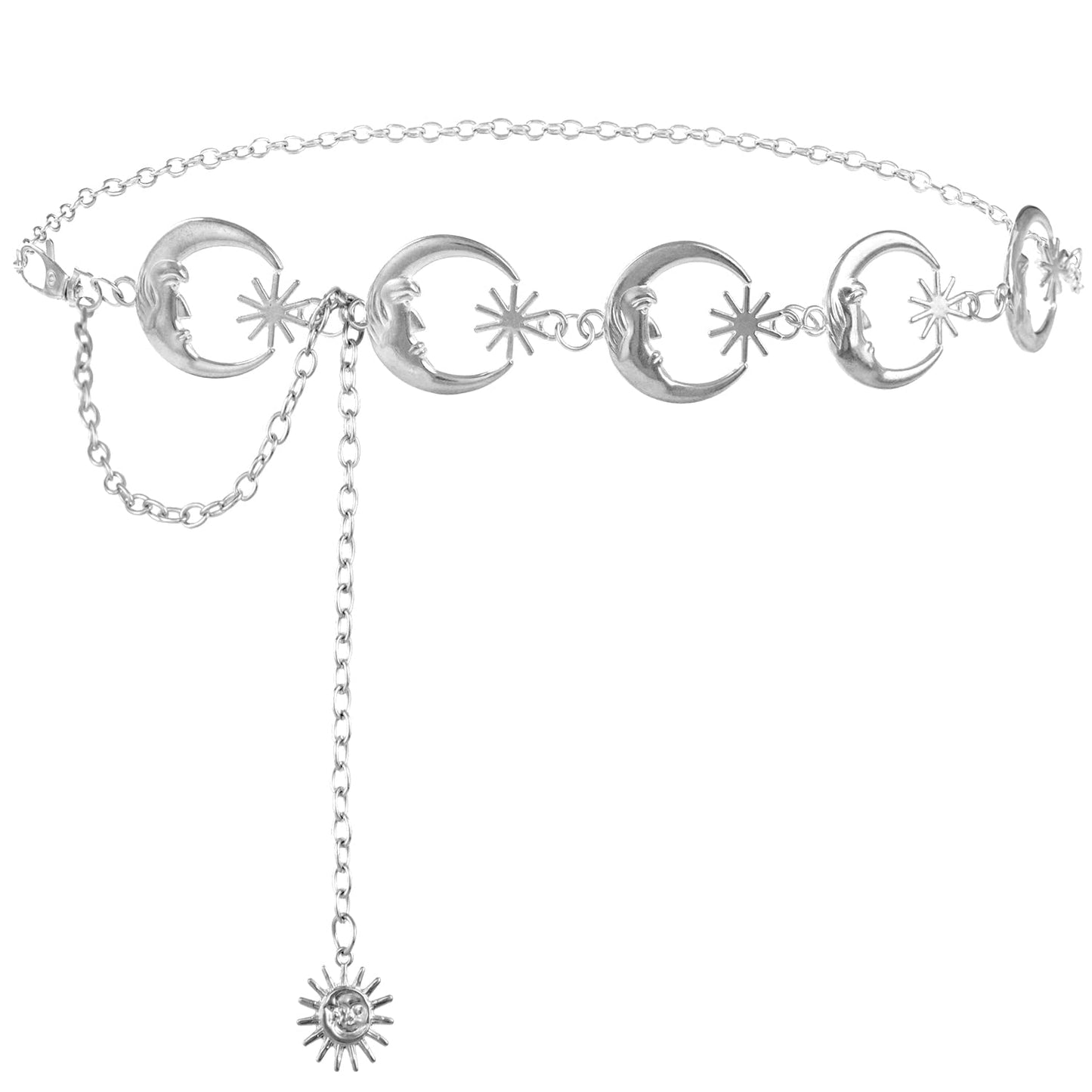 FIORETTO Chain Belt for Women Metal Belts Fashion Waist Belts for Dress Silver Moon&Star Length 47in