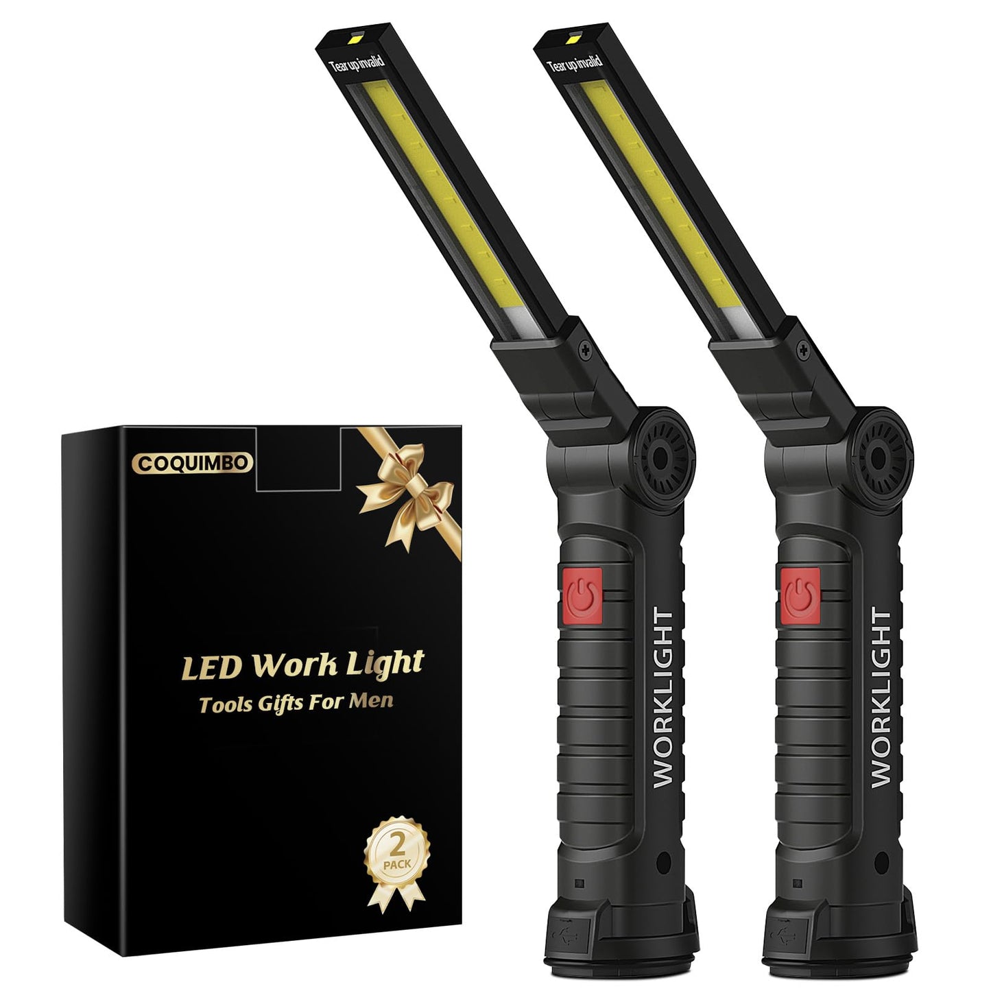 Coquimbo Work Light Christmas Stocking Fillers Gifts for Men Him, LED Torch Rechargeable Inspection Lamp Mechanic Emergency BBQ Light 360° Rotate with Magnetic Base and Hook (2 Pack, Black)