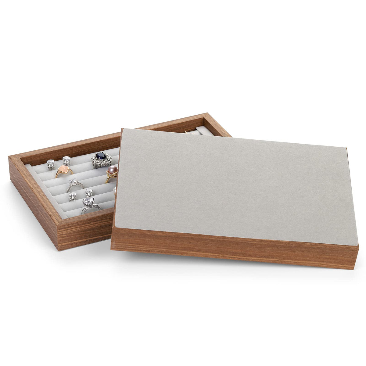 Elsjoy 2 Pack Ring Organizer Tray, Wooden Ring Holder Display Case, Velvet Jewelry Tray for Rings & Earrings