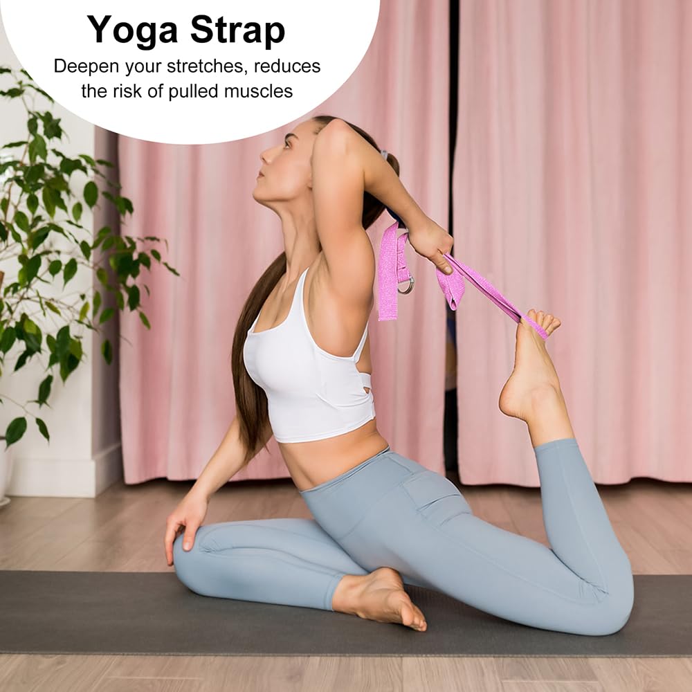 2 Yoga Block and Yoga Strap Set, FHDUSRYO High Density EVA Foam Blocks, Non-slip Yoga Bricks with 6ft Strap, Supportive Latex-Free Yoga Block Kit to Improve Balance and Flexibility (Pink, 9×6×3")