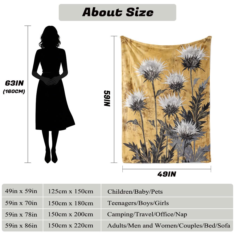 HUNXIAOJ Flower Print Blanket Rustic Floral Throw Blanket Floral Bedding Country Flower Decor Warm Soft Flannel for Bed Sofa Couch (49in x 59in)