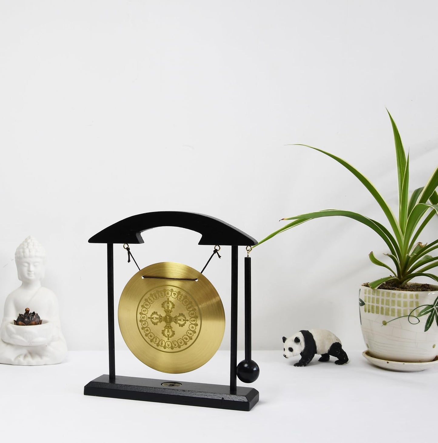 Feng Shui Desktop Gong Set, Brass Gong with Cross Vajra (Dorje) Center & Om Mani Padme Hum Mantra Ring, Solid Wood Frame & Mallet, Tibetan Zen Decor for Meditation & Energy Clearing, 11.1"W x 7.9"H