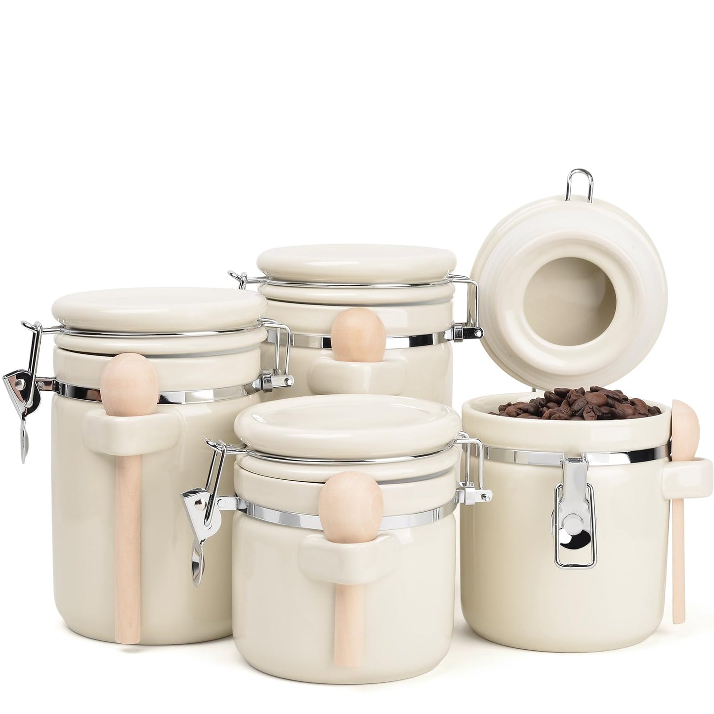 ZEBERBO 4 Piece Airtight Ceramic Canister Set With Attached Wooden Spoon Reusable Chalk Labels For Dry Goods Sugar Coffee Tea Kitchen Storage Use (Cream)