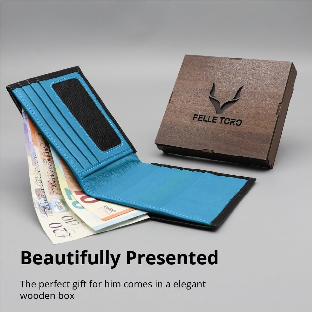 PELLE TORO Handmade Super Slim Men's Wallet, Handmade with Napa Leather, RFID Blocking Wallet, 9 Card Slots & ID Window (Charcoal Black & Aqua Blue)