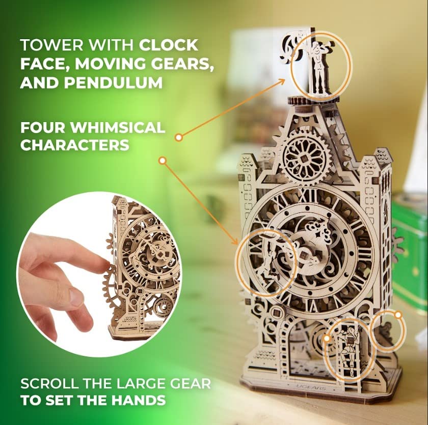 UGEARS Wooden Model Kits For Adults to Build - Old Clock Tower 3D Wooden Puzzles For Adults - Mechanical Engineering Gifts for Fathers Day - Medieval-Inspired 3D Puzzle Clock with Moving Part - 44 Pcs
