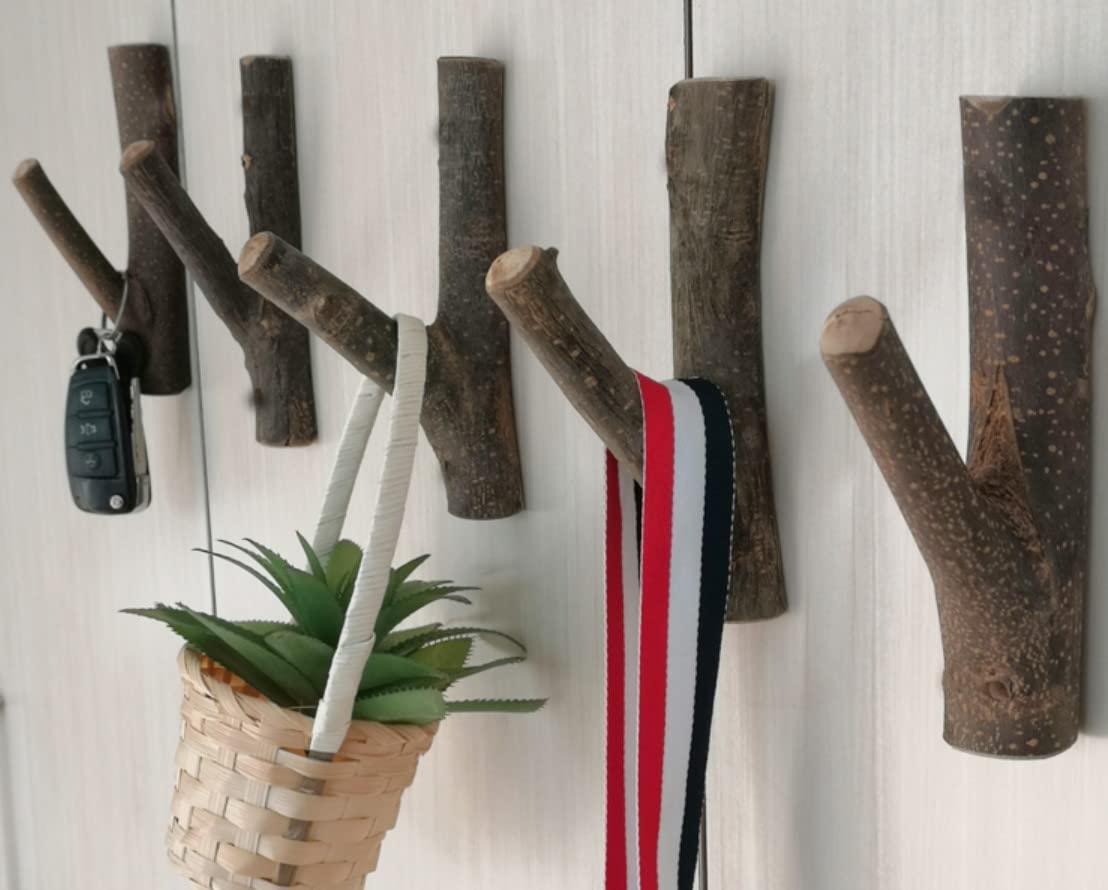Tsnamay 2Pcs Real Wood Tree Branch Wall Hook, Farmhouse Rustic Decorative Wooden with Bark Trunk Thickness 2cm-3cm with Screw