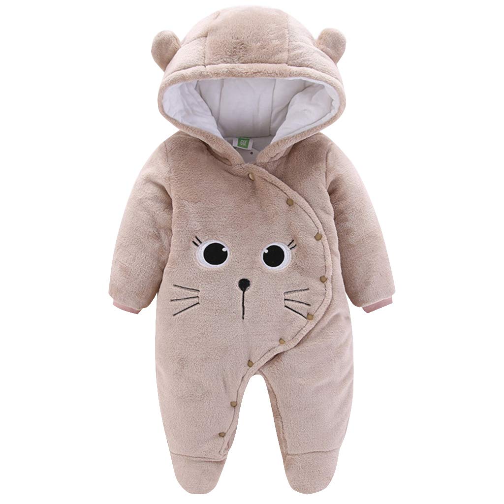 Baby Winter Hooded Romper Fleece Snowsuit Jumpsuit Cartoon Cat Outfits Coffee, Brown, 3 - 6 Months