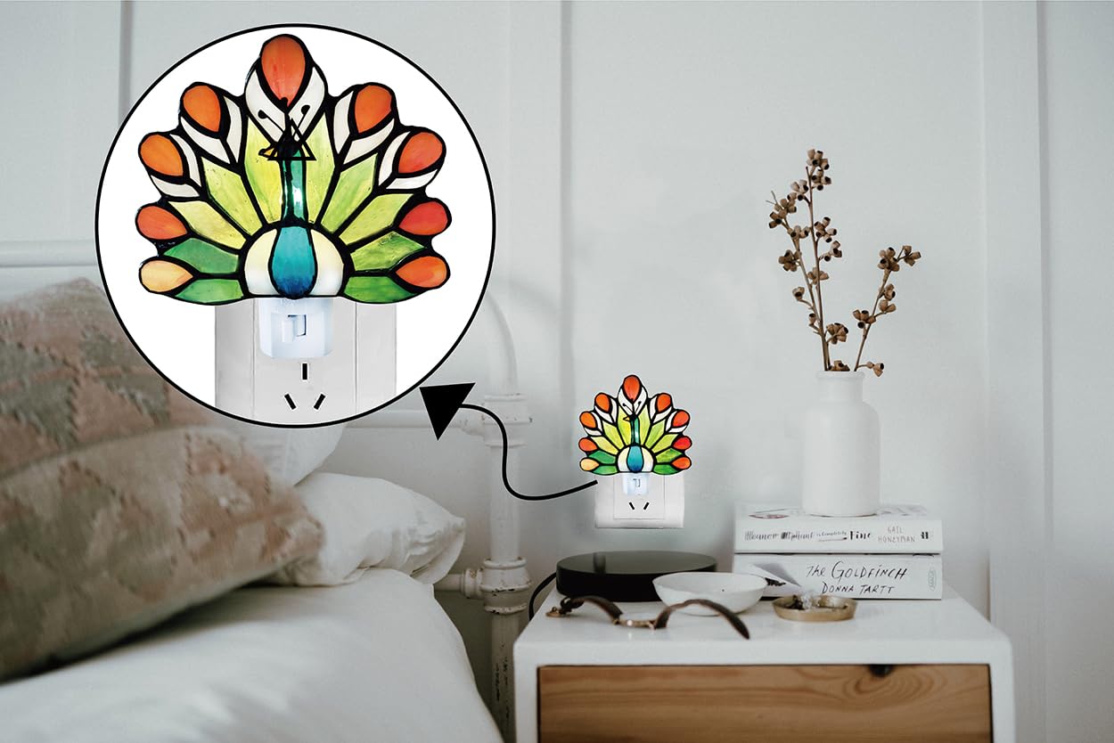 WKINGDIY Tiffany Stained Glass Peacock Night Light WKD1003 (Green、Orange) Tiffany Glass Night Light, Peacock Pattern, Stained