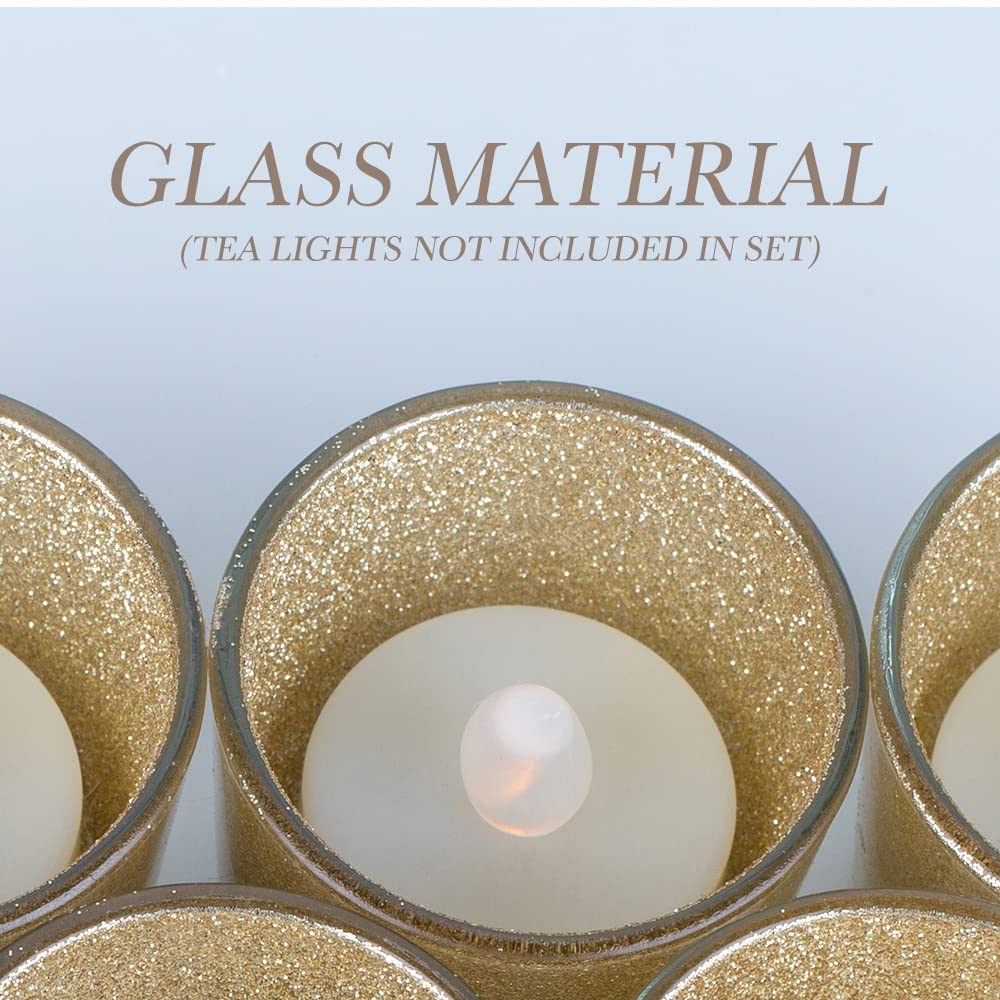 Gold Votive Candle Holders, BeMoment Glitter Glass Tealight Candle Holder for Christmas, Wedding Decor and Home Decor, Festival, Xmas, Holiday, Set of 12(2”×2”)