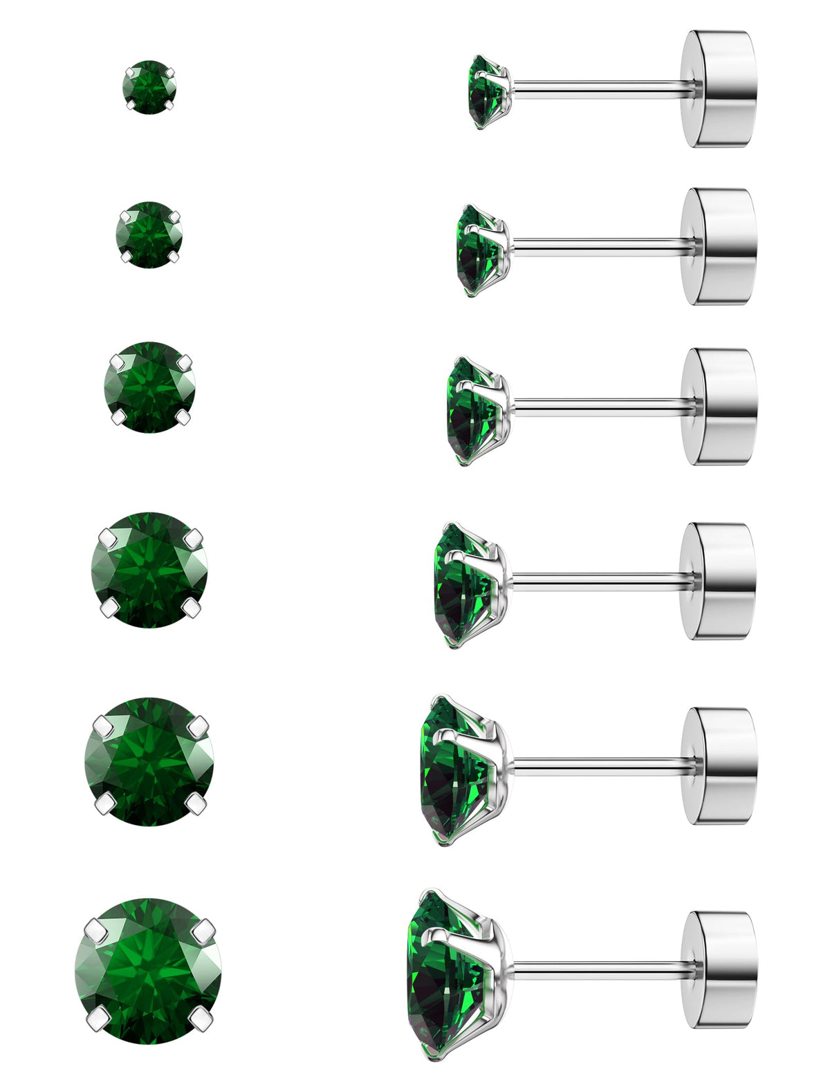 6 Pairs Hypoallergenic Cubic Zirconia Earrings Surgical Steel Flat Back Studs for Cartilage, Screw Back Fashion Jewelry
