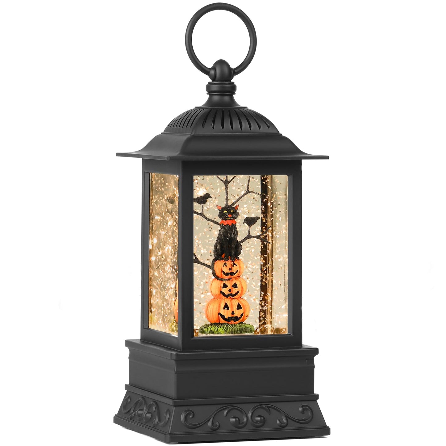 10'' Halloween Snow Globe, Lighted Musical Glitter Globe, Battery Operated or USB Powered Glitter Lantern for Spooky Halloween Festival Party Home Table Decorations (Pumpkin and Black Cat Combo)