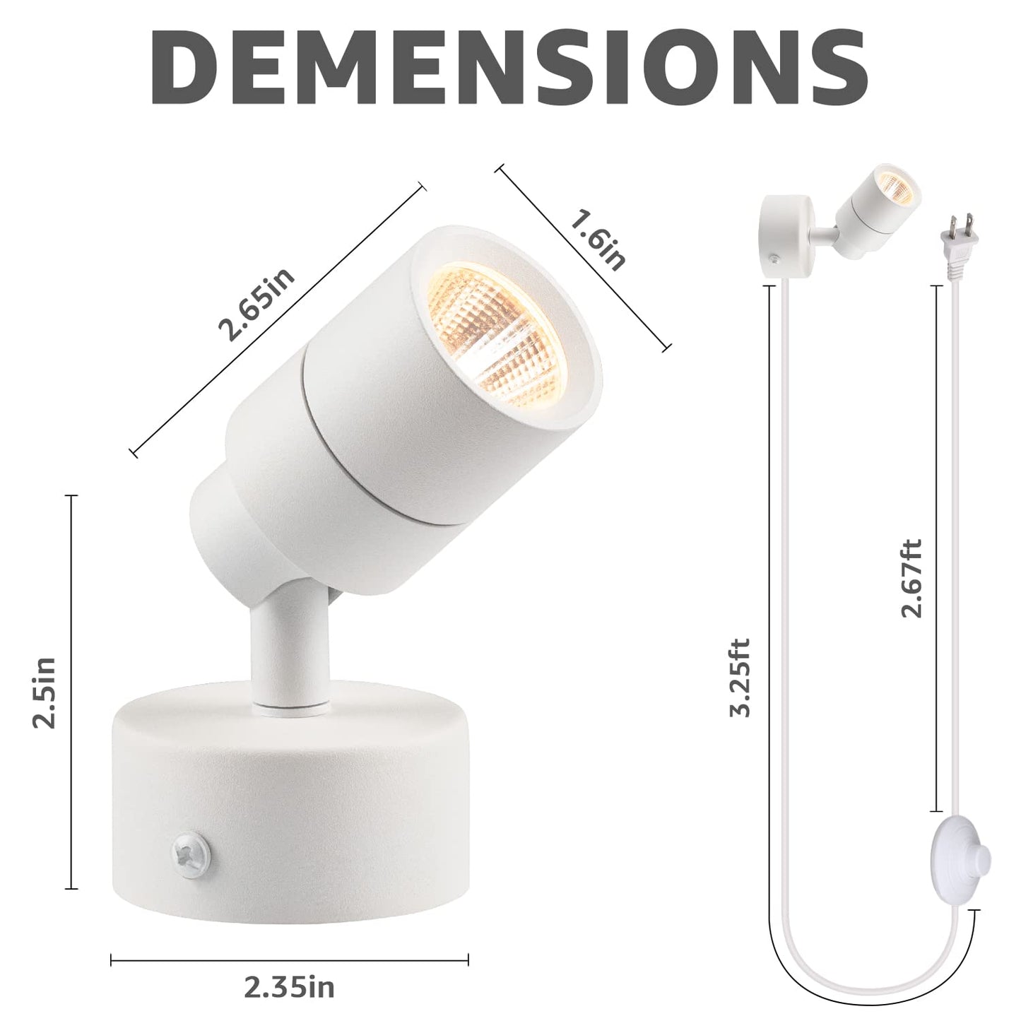 SUNVIE 2 Pack LED Up Lights Indoor, 3W Spot Lights for Indoor Use with 3000K Warm White, 120V Spotlights for Plants Pictures Artwork Uplighting & Accent Lighting, 5.9 FT Plug Cord with Foot Switch