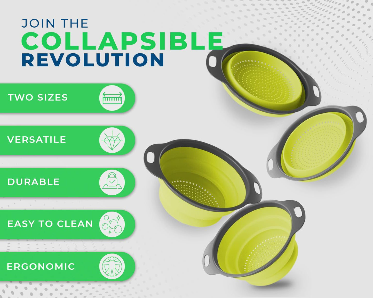 Ultimate Kitchen Strainers Set of 2 - Collapsible Silicone Colanders For Easy Storage by Comfify - Use with Pasta & Veggies or as a Fruit or Berry Bowl with Strainer - Irreplaceable for Campers - Blue