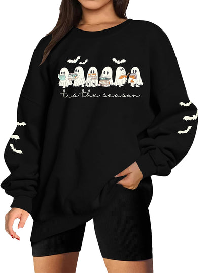 UNIQUEONE Halloween Sweatshirts for Women Ghost Reading Books Sweater Cute Spooky Bookish Shirt Fall Pullover Tops A-Black