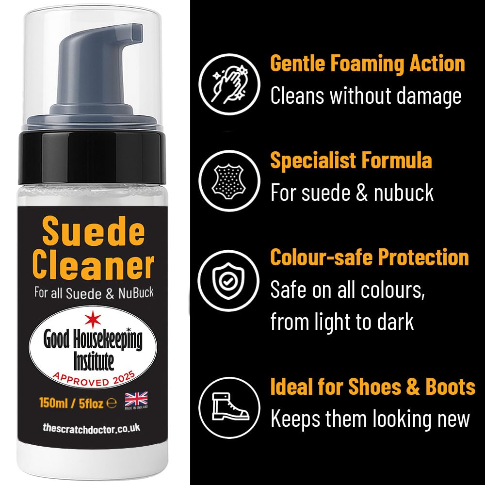 Suede & Nubuck Cleaner Foam 150ml for Shoes, Boots, Sandals, Trainers | Clean & Protect Dirt & Stains | Includes 3 Sided Suede Brush & Cleaning Cloth