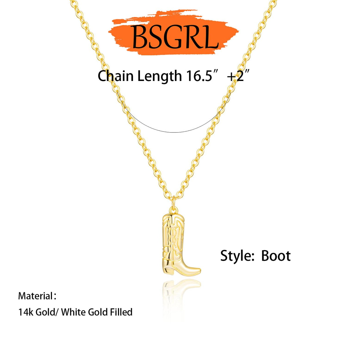 BSGRL Gold Necklace for Women- 14K Gold Plated Dainty Cowboy Boot Necklace 16.5"+2"