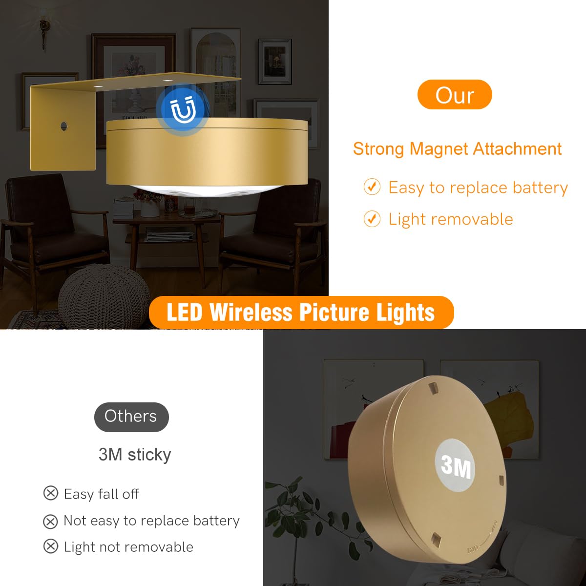 3Pack Picture Light Battery Operated Painting Lights for Wall Wireless Magnetic Display Art Light with Remote Control,Dimmable&Timer Portrait Light for Art Frame Artworking,Wall Decor Puck Lights-Gold