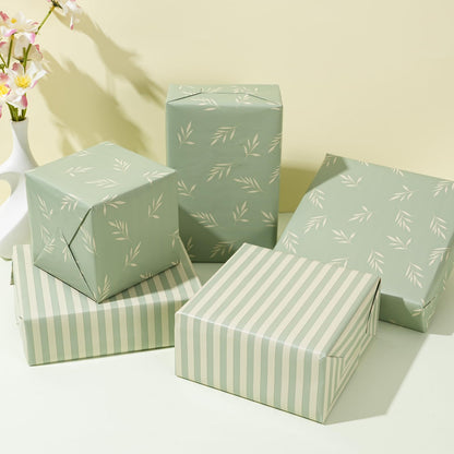 ZINTBIAL Reversible Gift Wrapping Paper Roll - Light Green Background with Beige Leaves - Green Stripe Design - for Birthdays,Weddings,Baby Showers,Mother's Day,Christmas - 17.5" x 33' (48 sq. ft.)