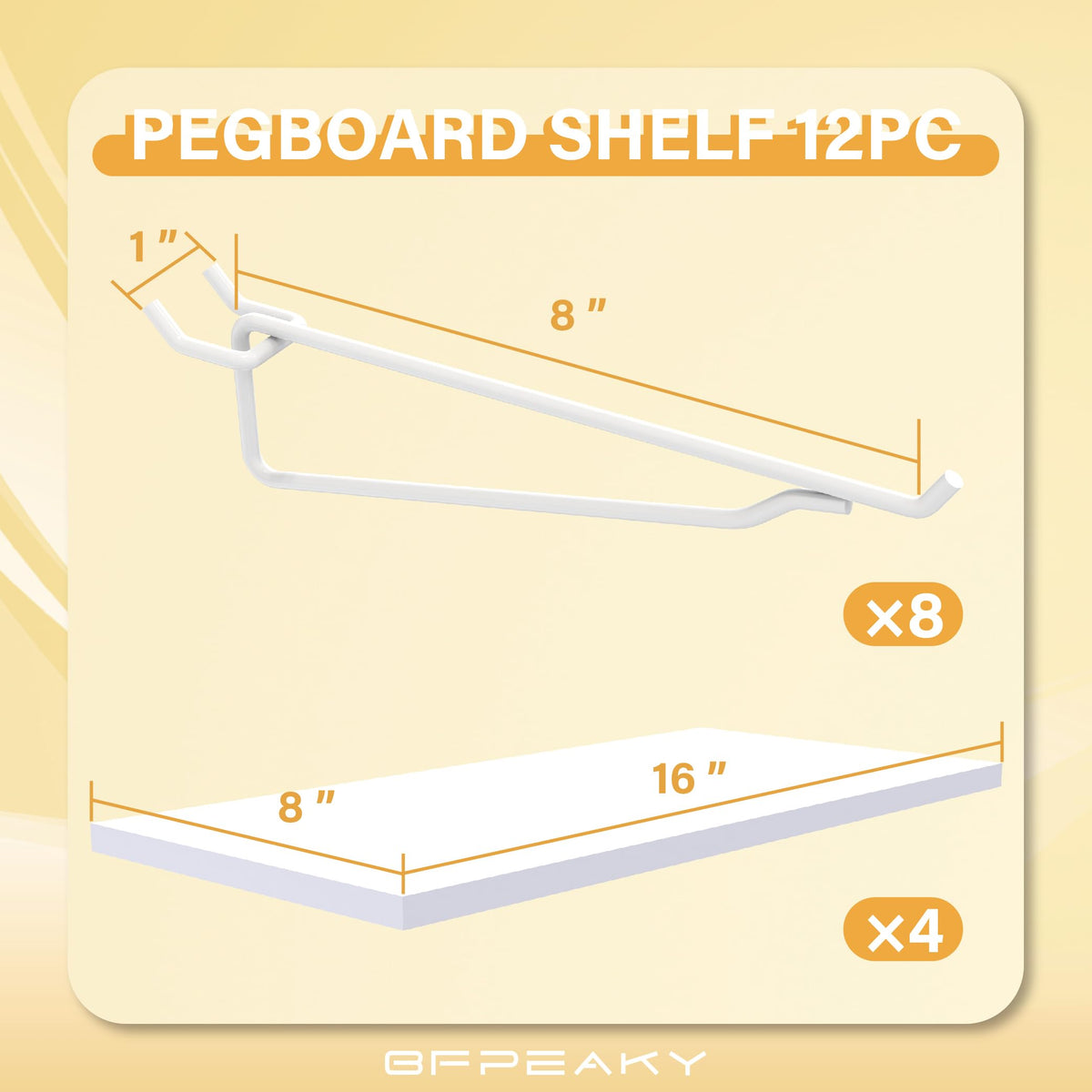 BFPeaky White Pegboard Shelf Set, 4 pcs, 8" x 16"