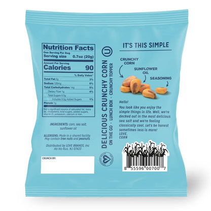 LOVE CORN Sea Salt – Crunchy Roasted Corn Snack, 3 Simple Ingredients, Gluten Free, Non-GMO, Vegan – Alternative to Chips, Nuts & Crackers – Lunchbox, Office & On-the-Go Snacks – 0.7oz × 20 Bags