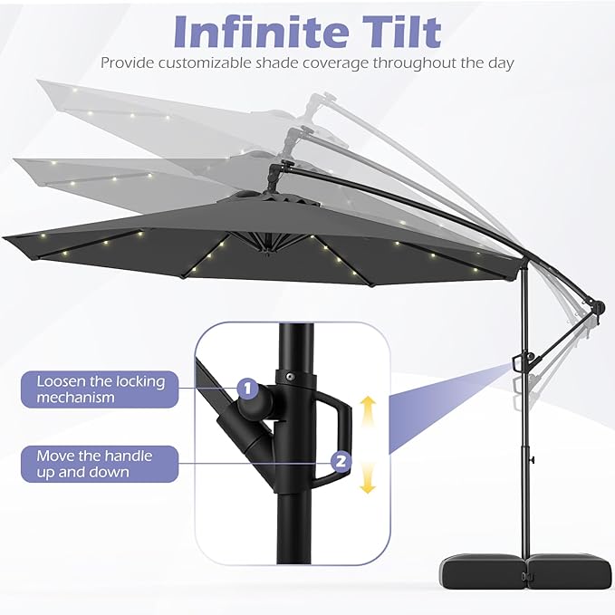 Tangkula 10ft Solar LED Patio Umbrella with Base, Offset Cantilever Outdoor Umbrella with 32 LED Lights, Infinite Tilt, 360 Degree Rotation, Crank Handle for Pool Deck Garden Backyard (Gray)