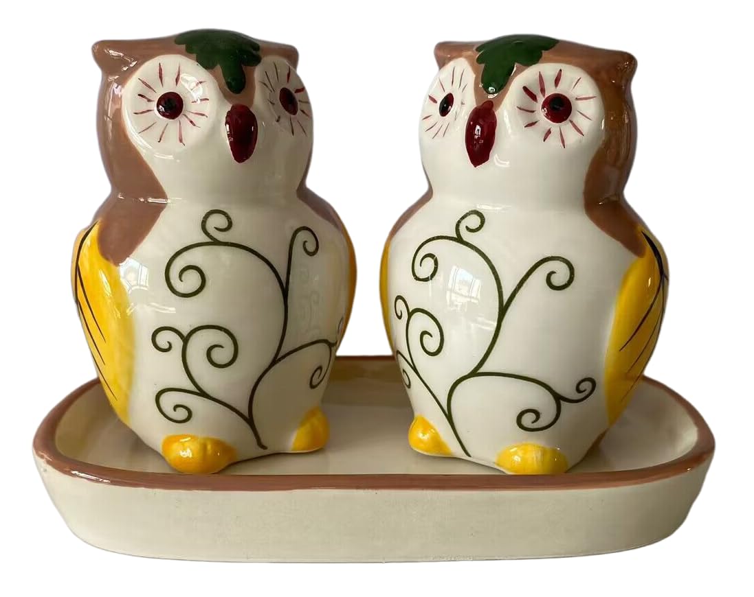 Ceramic Owl Salt and Pepper Shakers, 2-Piece Set | Spice Dispenser Storage Canisters - Brown