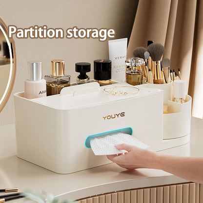 Aiabaleaft Multifunctional Organizer Rotating Brush Holder Makeup Organizer With Tissue Box for Study Table Living Room Dressers Home Office (Gray)